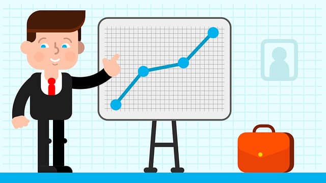 animated character in suit and a chart going up
