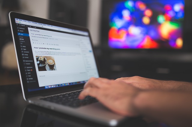 A person writing on his blog on a laptop