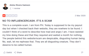negative reviews about influencercash on trustpilot