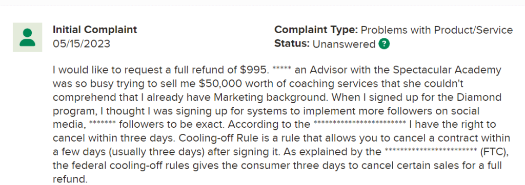 Spectacular Academy complaint