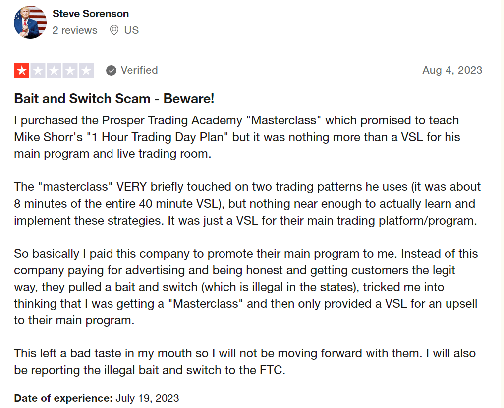 Negative review on Trustpilot for Prosper Trading Academy