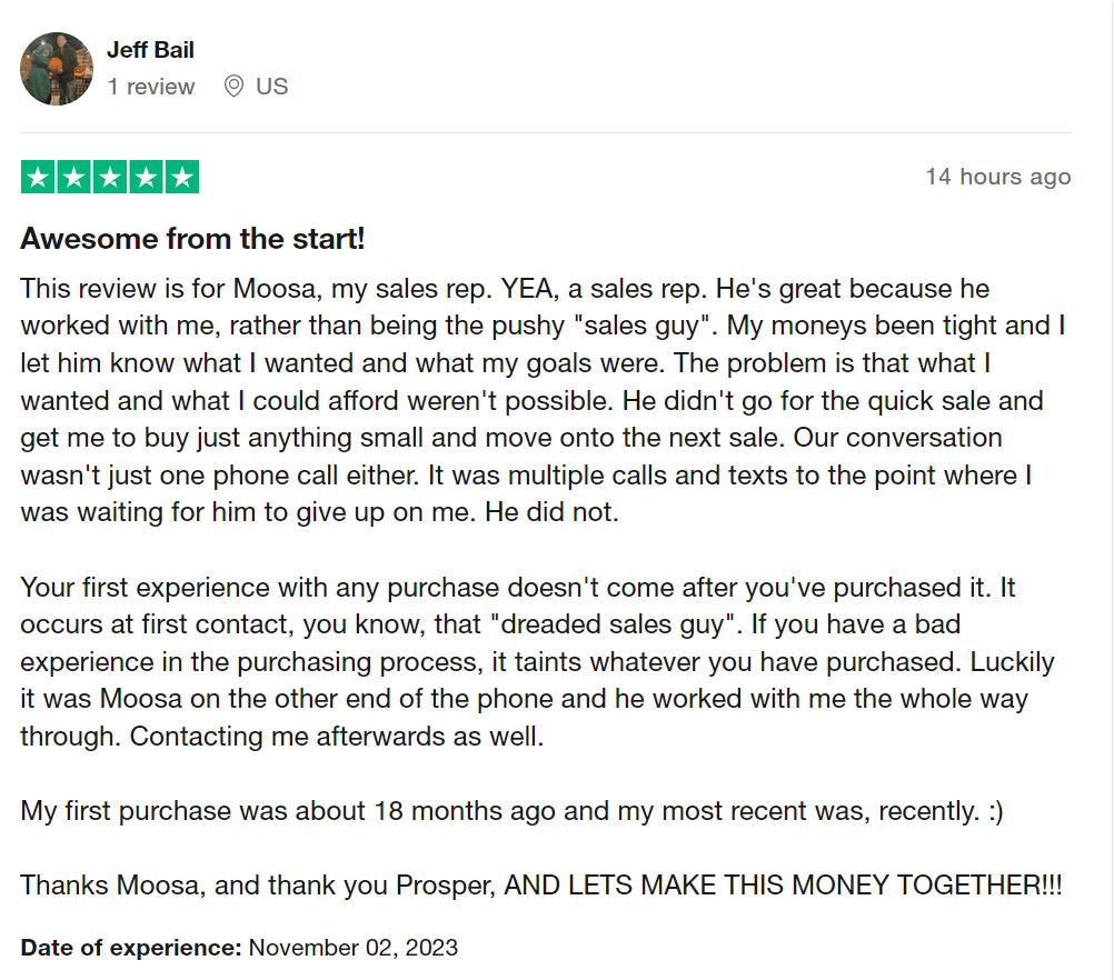 Trustpilot positive review for Prosper Trading Academy