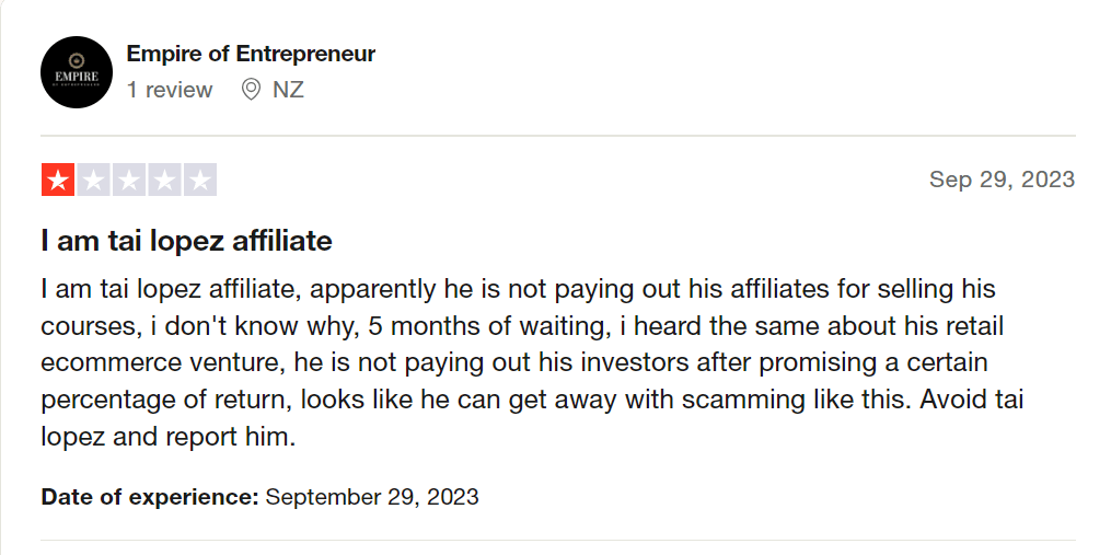 Tai Lopez Trustpilot comment