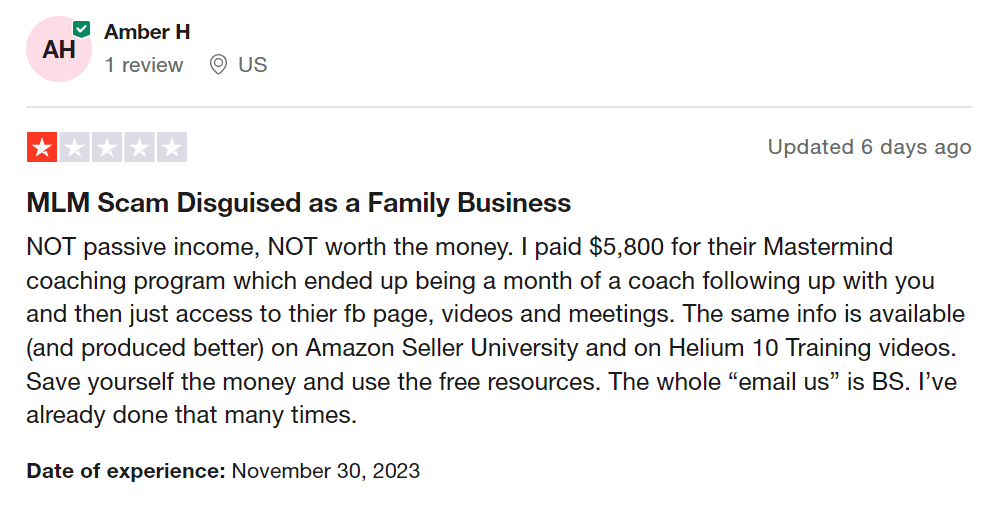 Amber H negative review on Trustpilot