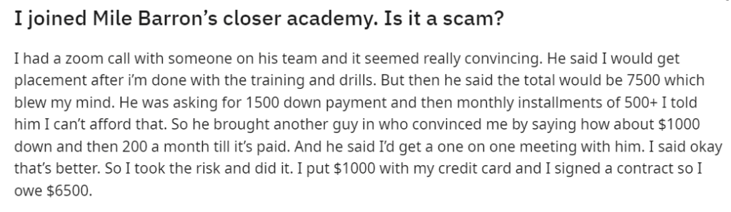 price of MIke Barron's closer academy