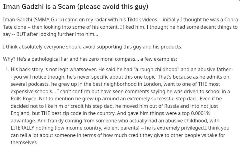 Iman Gadzhi comment on Reddit
